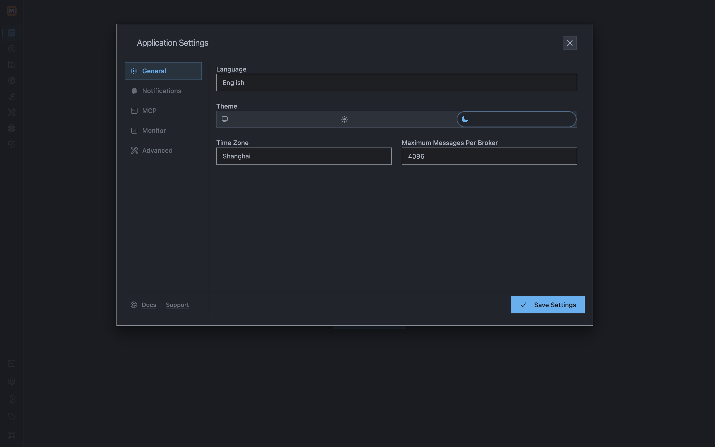 Mqttable Desktop General settings showing language, theme, time zone, and the per-Broker message limit