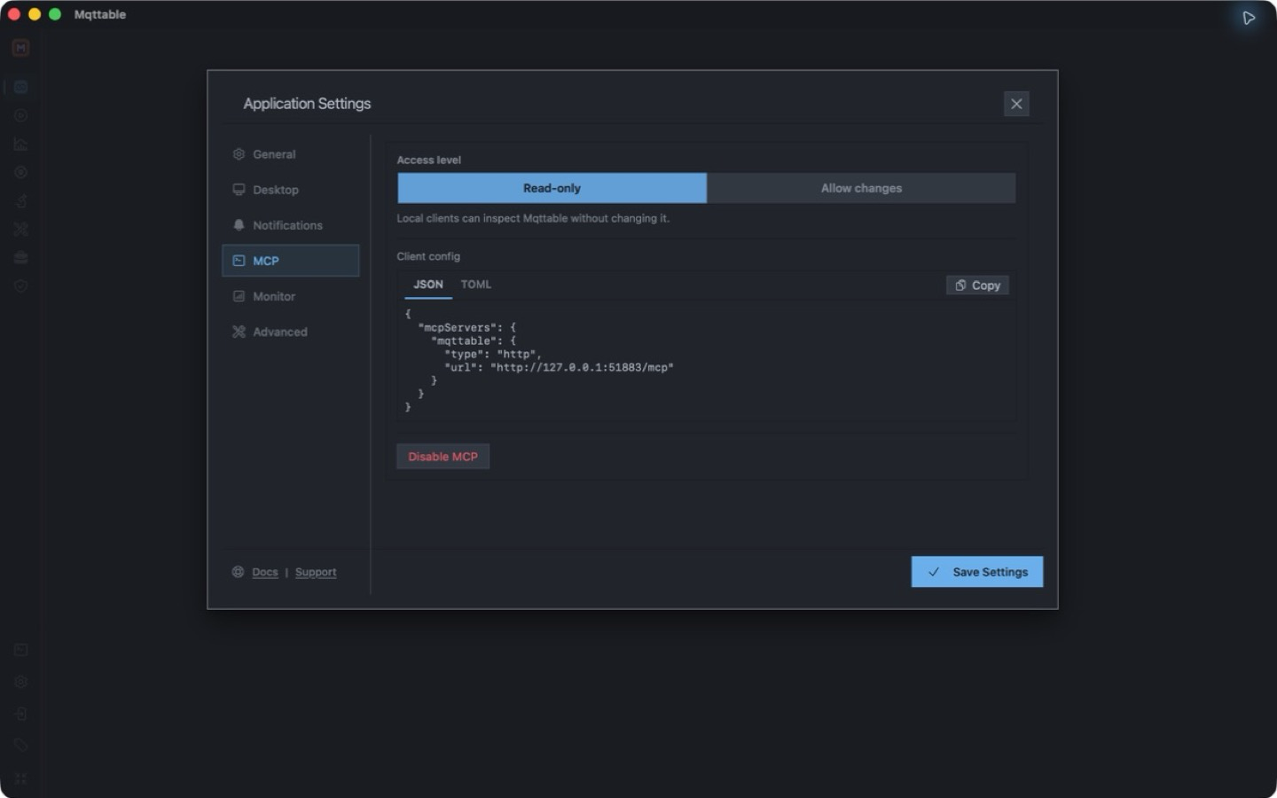 Mqttable Desktop MCP settings showing read-only access and a URL-only JSON client configuration