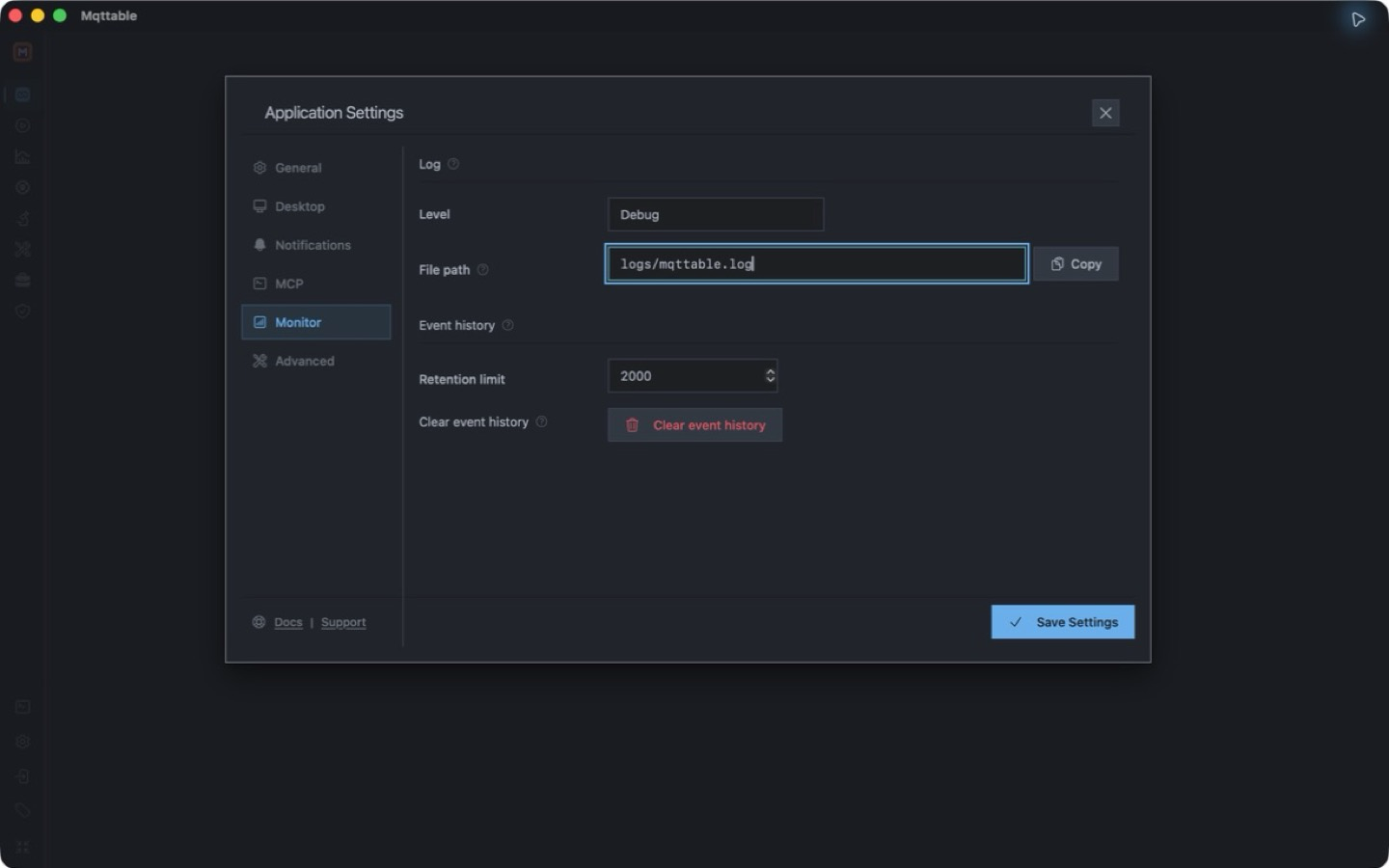 Mqttable Desktop Monitor settings showing Runtime log level and path plus Event retention and clearing controls