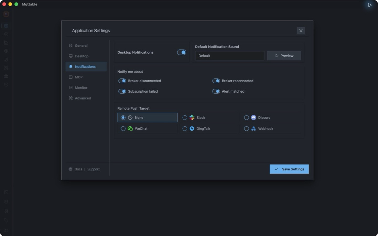 Mqttable Desktop Notifications settings showing desktop alerts, event choices, sound preview, and remote push targets