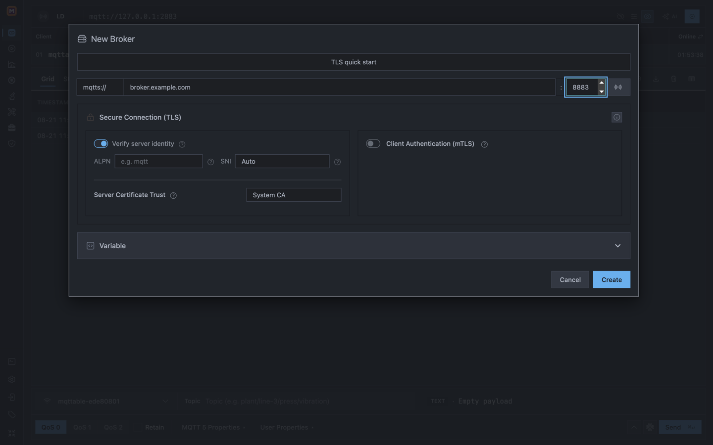 Mqttable New Broker form using mqtts, server identity verification, and System CA with client authentication disabled