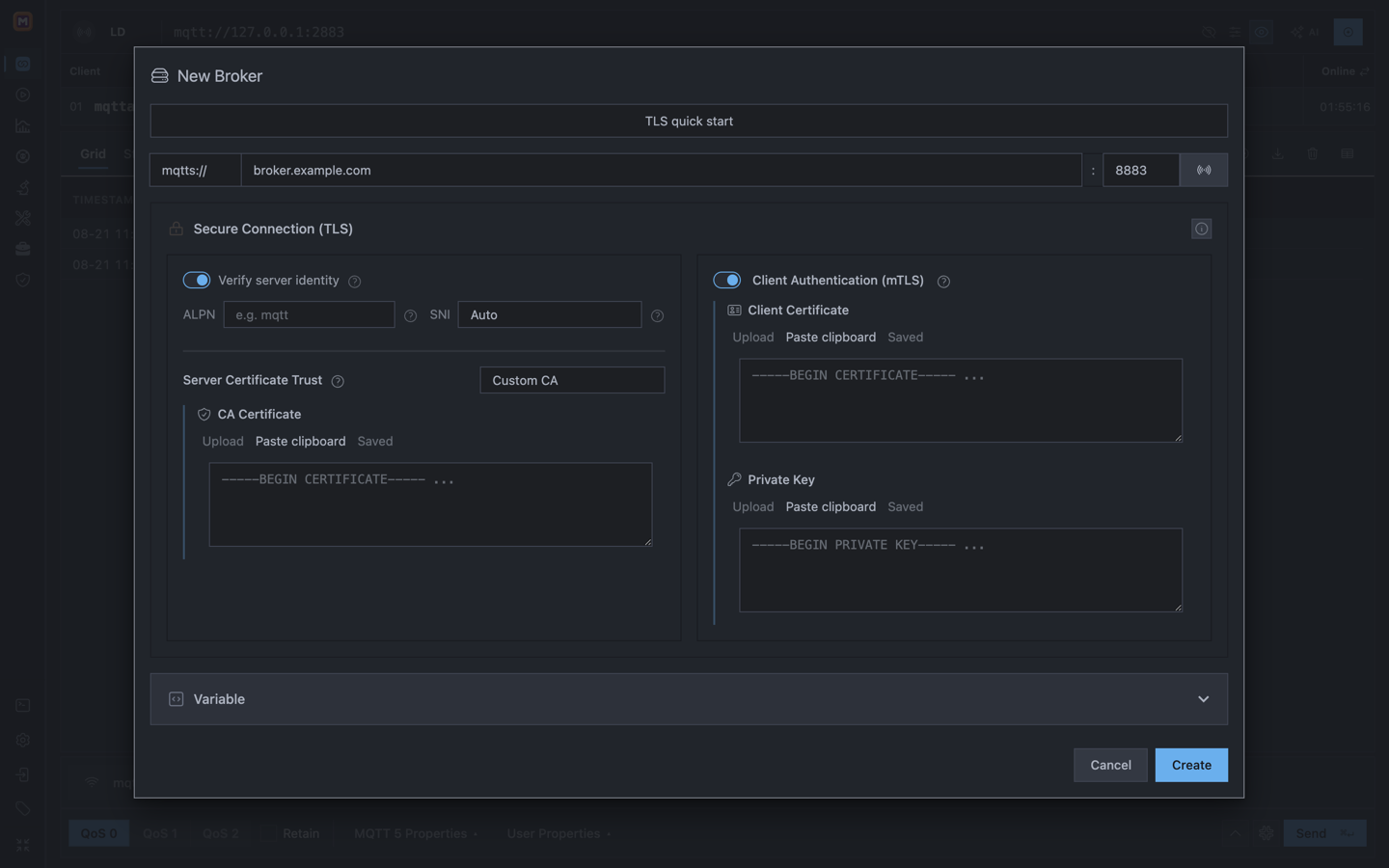 Mqttable New Broker form showing custom CA, client certificate, and private key inputs
