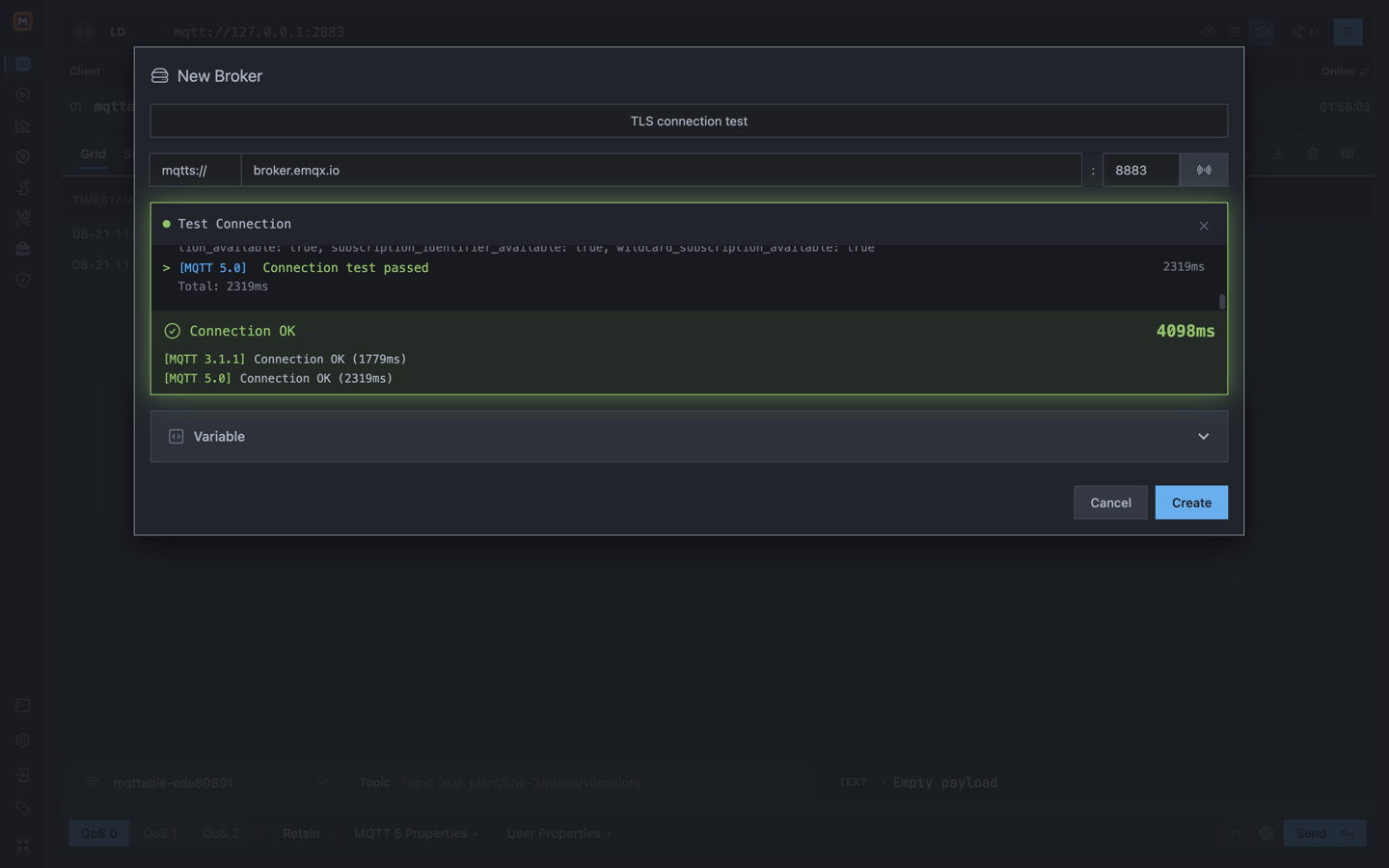 Mqttable New Broker form showing successful MQTT 5 and MQTT 3.1.1 TLS connection tests