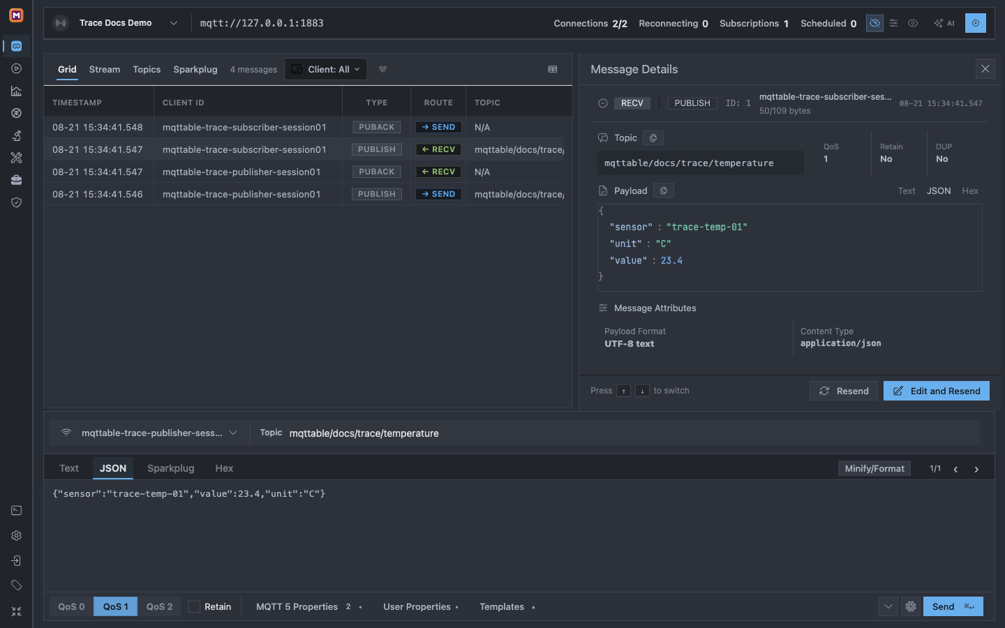 Mqttable Grid view showing four QoS 1 packet rows beside Message Details for the received PUBLISH