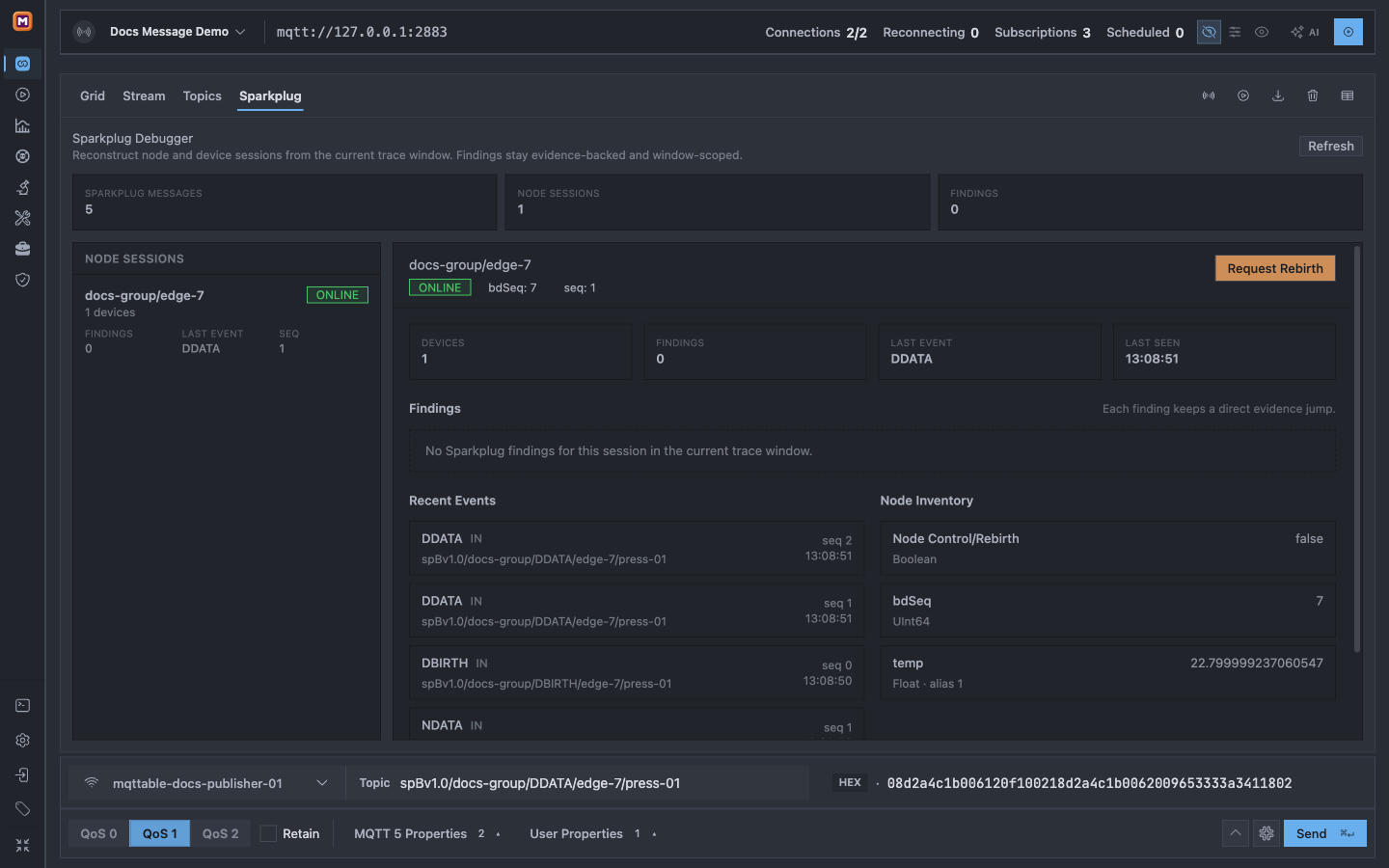 Mqttable Sparkplug Debugger showing one online node session, one device, recent events, and reconstructed node inventory