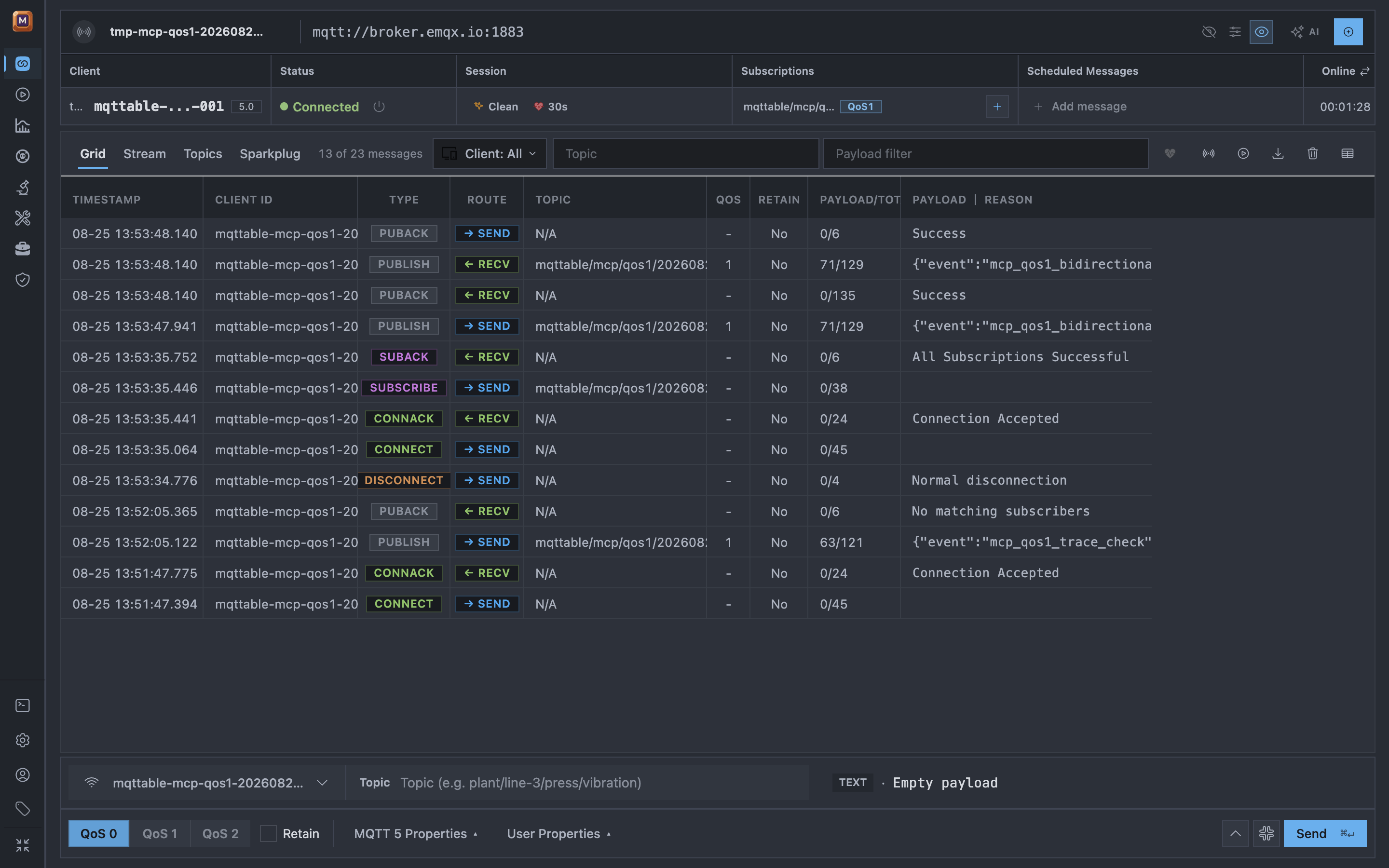 Mqttable Trace in One Dark Pro and Zen Mode showing outgoing and incoming QoS 1 PUBLISH rows with their PUBACK acknowledgements