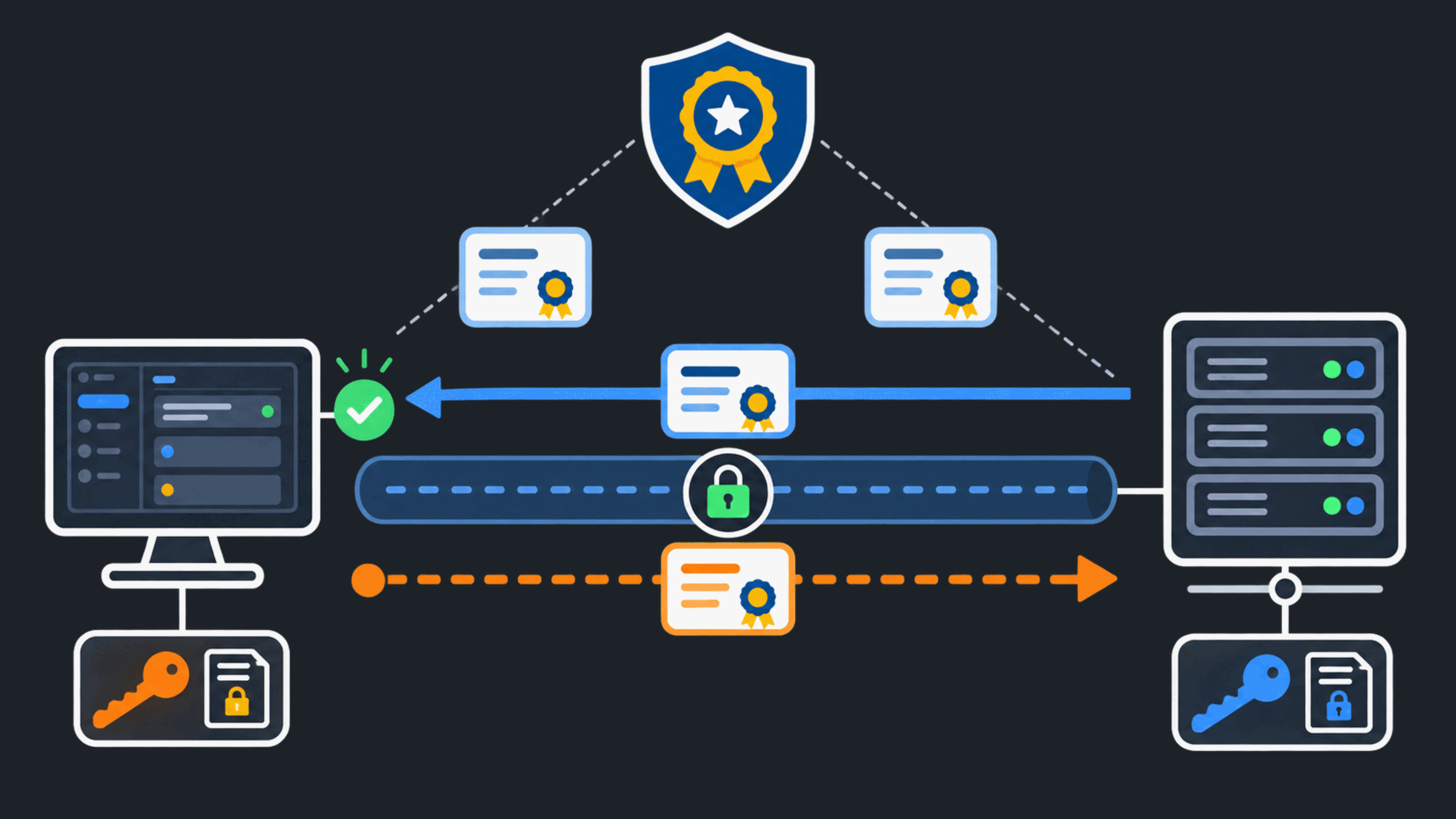 Certificate relationship diagram with a CA above, a Broker sending its server certificate to Mqttable, a client certificate returning only for mTLS, and private keys staying local