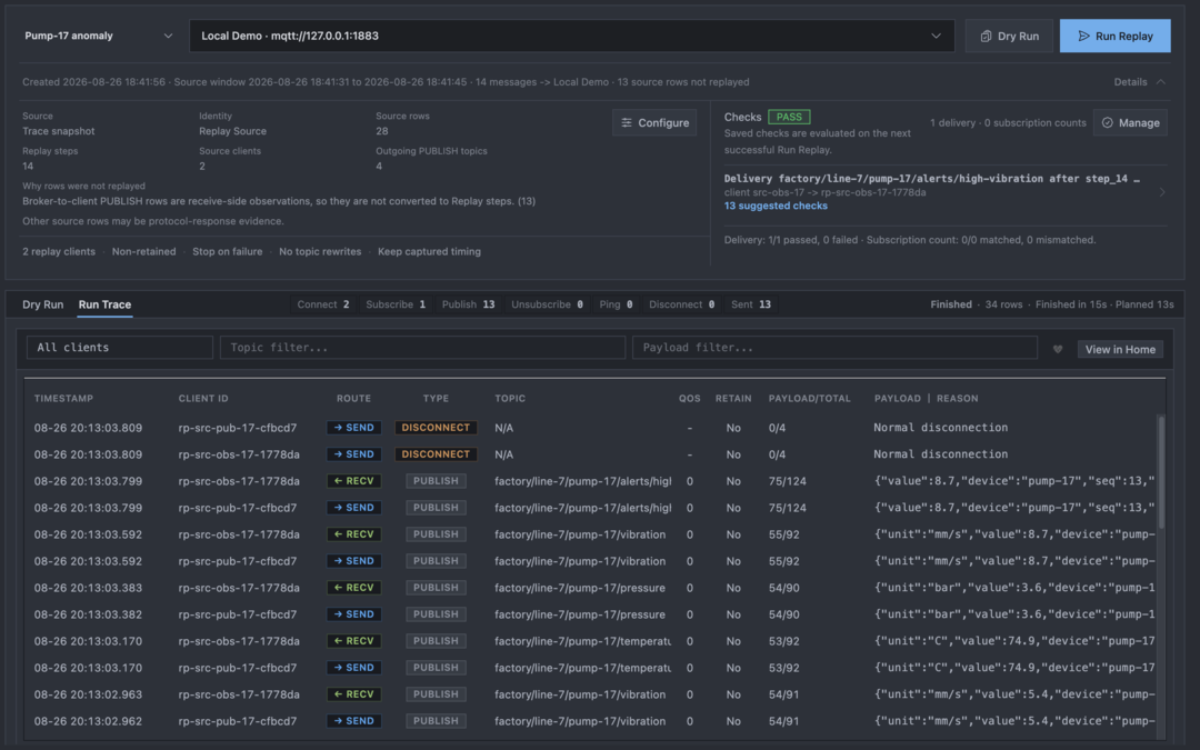 Replay Checks Passed showing one of one delivery checks passed with no failures.