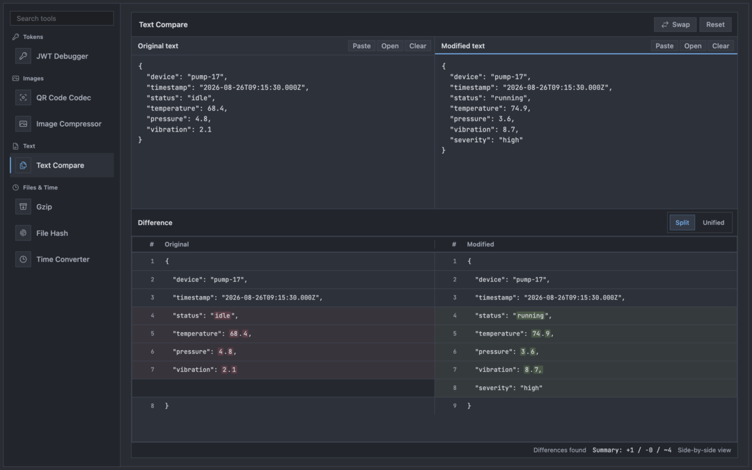 Text Compare highlighting one addition and four pump-17 field changes between two JSON payloads.