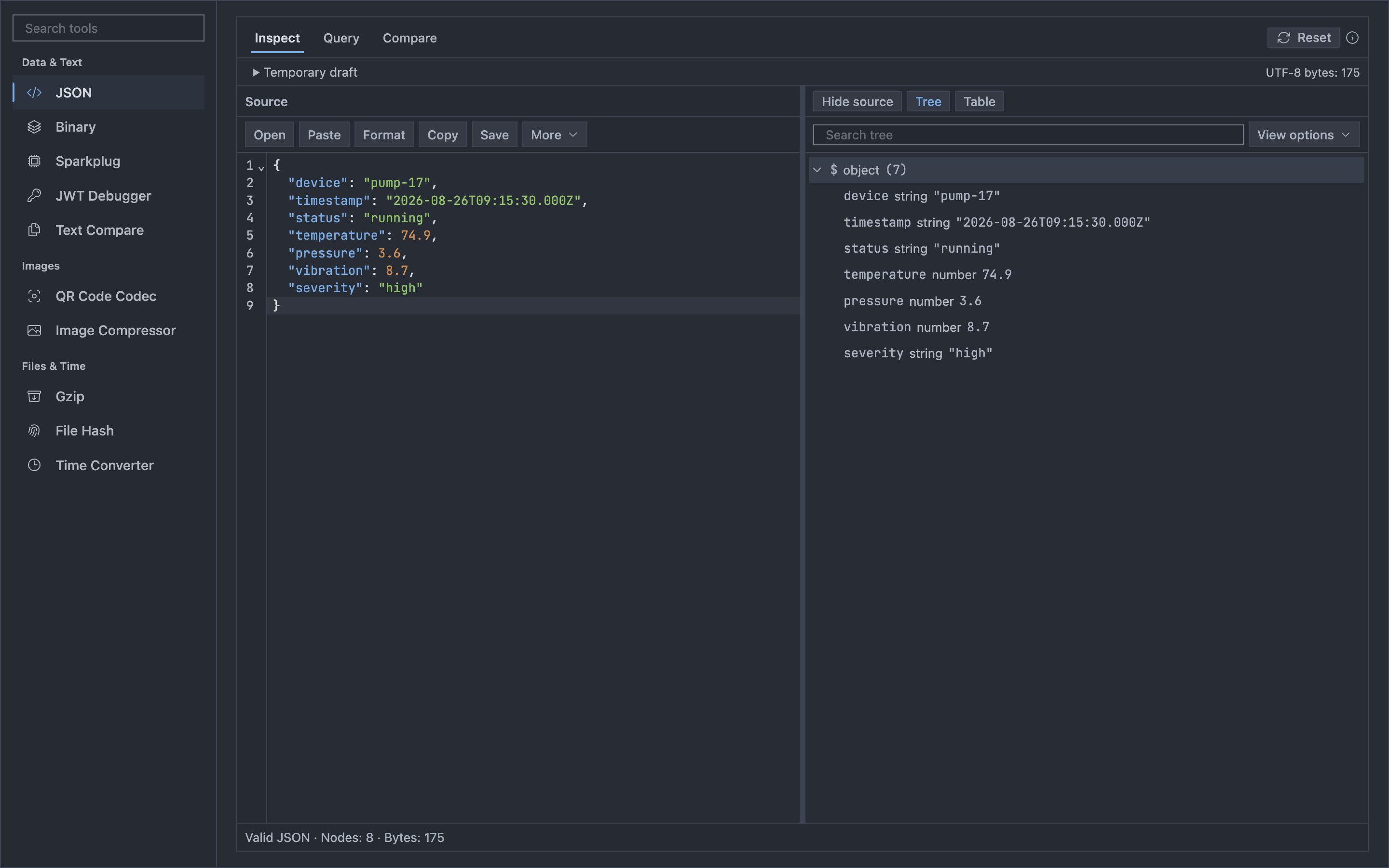 JSON Workbench showing a pump-17 payload in the source editor and parsed tree.